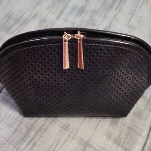 Black Textured Women's Cosmetic Pouch with Rose Gold Accents